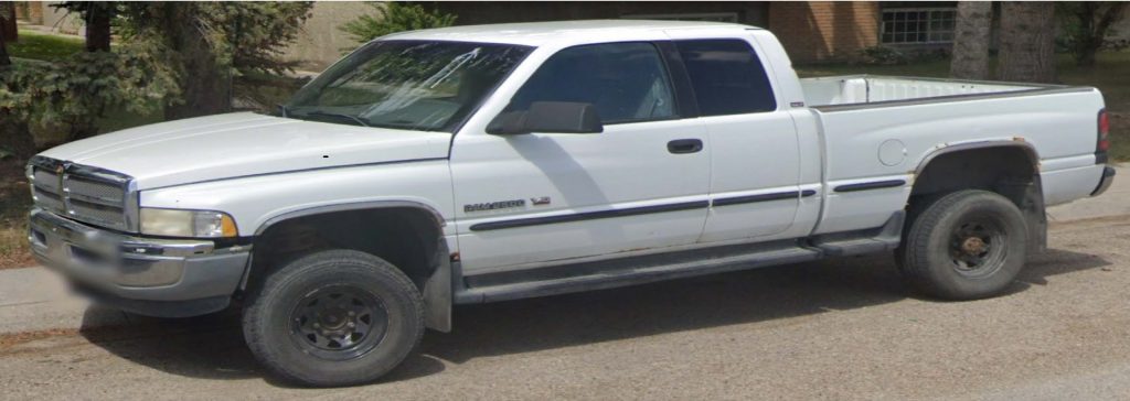 Human remains were found inside a white 1998 Dodge Ram with Alberta license plate CNF1057 in Bow Valley Provincial Park on Nov. 3, 2023. (Courtesy RCMP)