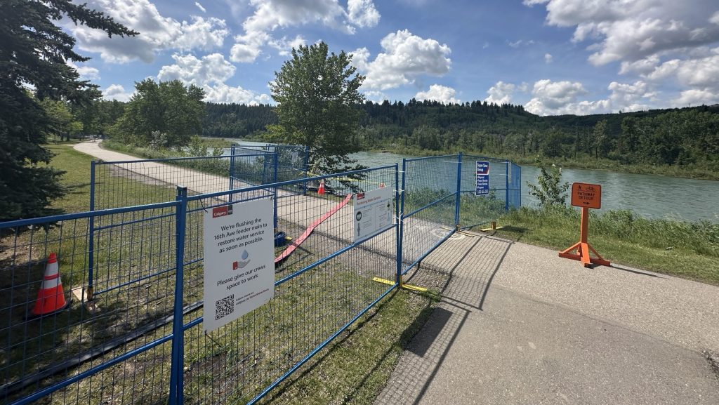 Detours in place at Edworthy Park in Calgary as crews setup to begin flushing the feeder main that burst in early June and sent the city into a water emergency