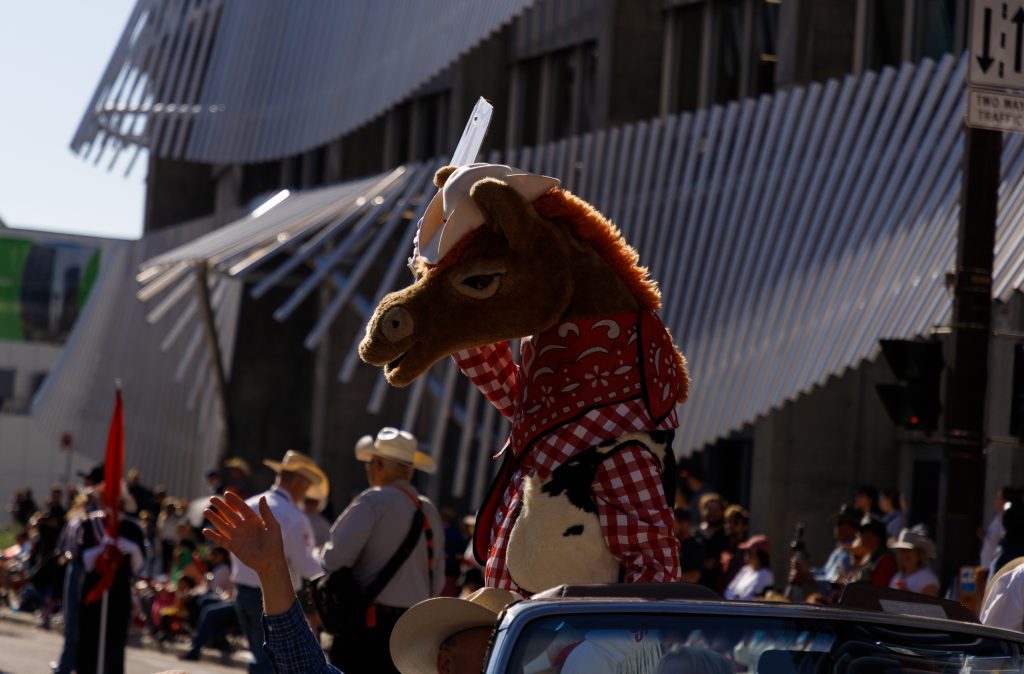 Harry the Horse kicks off the 2024 Stampede Parade in downtown Calgary on Friday, July 5, 2024.
