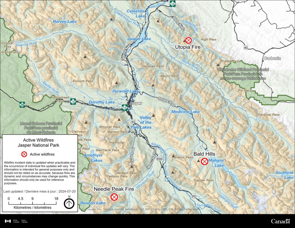 A map with the three wildfires in Jasper National Park first reported on July 18, 2024.