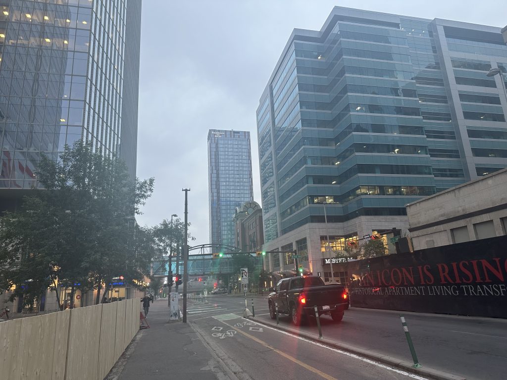 Wildfire smoke lingers in the air in downtown Calgary on Wednesday, July 24, 2024. (Lauryn Heintz, CityNews image)