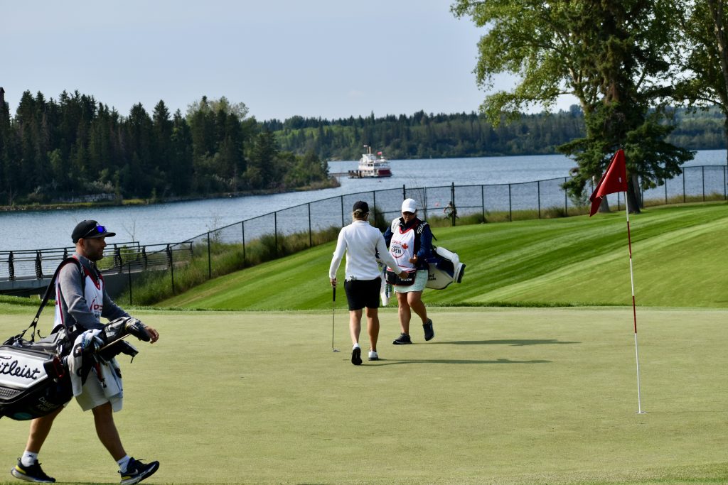 Action on the hole nearest to the Glenmore Reservoir during the second round at the CPKC Women's Open in Calgary on July 26, 2024. (Sandra Prusina, 660 NEWS)