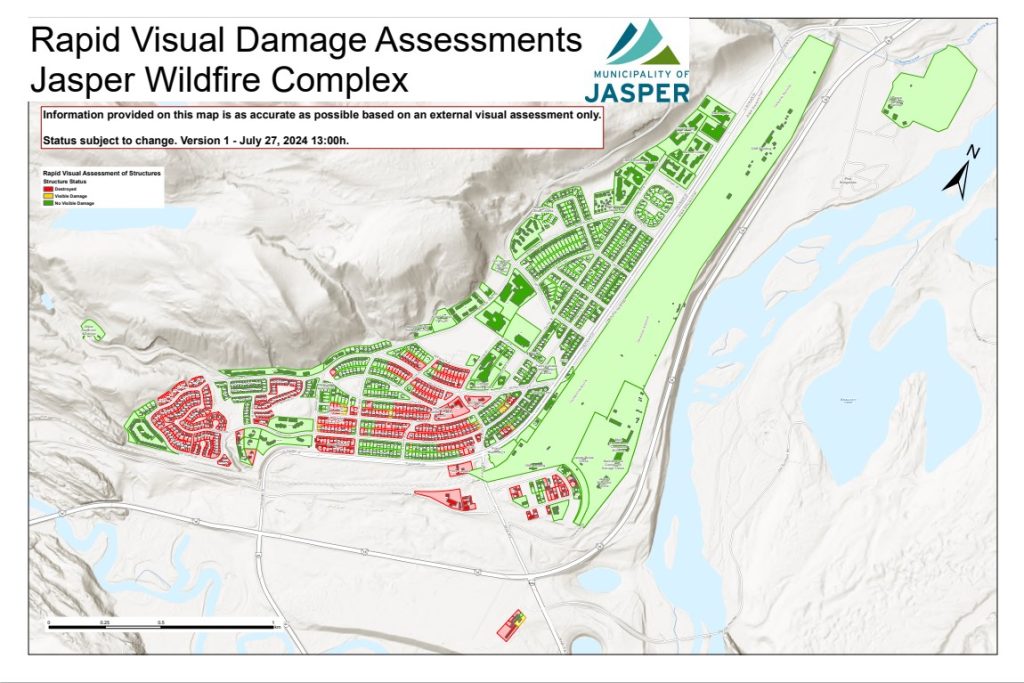 Map of damaged and destroyed buildings in Jasper. (Courtesy of the Municipality of Jasper)