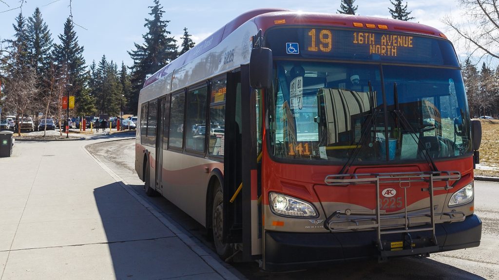 The 19 16th Ave North bus stops at the University of Calgary on it's route in Calgary on Wednesday, March 22, 2017.