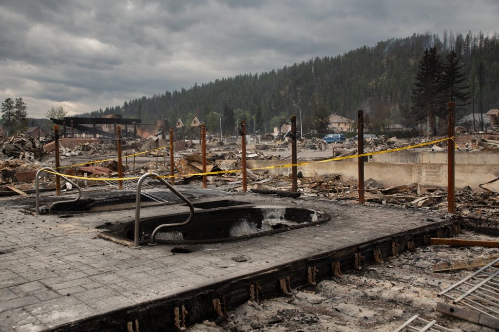 Bus tours for evacuees from Jasper, Alta., to allow those whose homes were damaged or destroyed by a wildfire to see the damage first-hand will begin on Sunday. The remains of hotels in Jasper, Alta., on Friday July 26, 2024