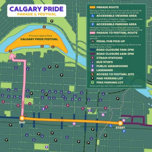 A map of the 2024 Calgary Pride Parade route