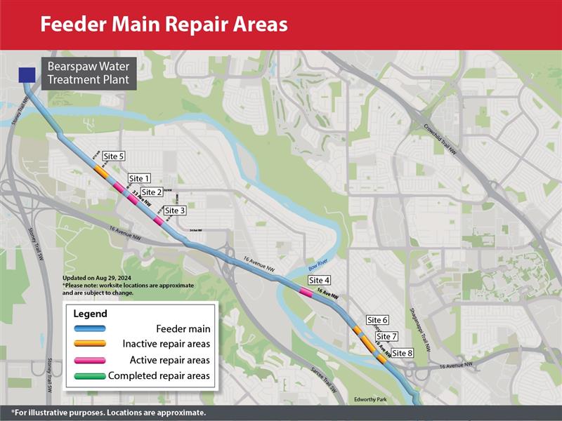 A map of the Calgary feeder main repair areas