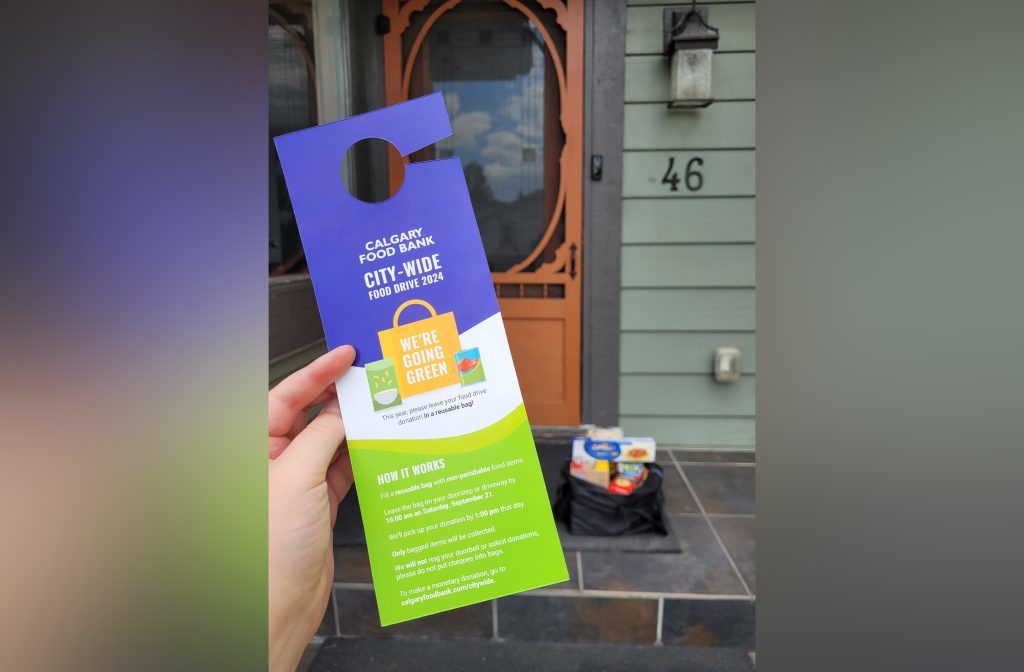 The annual city-wide Calgary Food Bank drive will see thousands of volunteers collect non-perishable food donations from the doorsteps of more than 400,000 Calgary homes on Saturday, Sept. 21, 2024. (Calgary Food Bank)