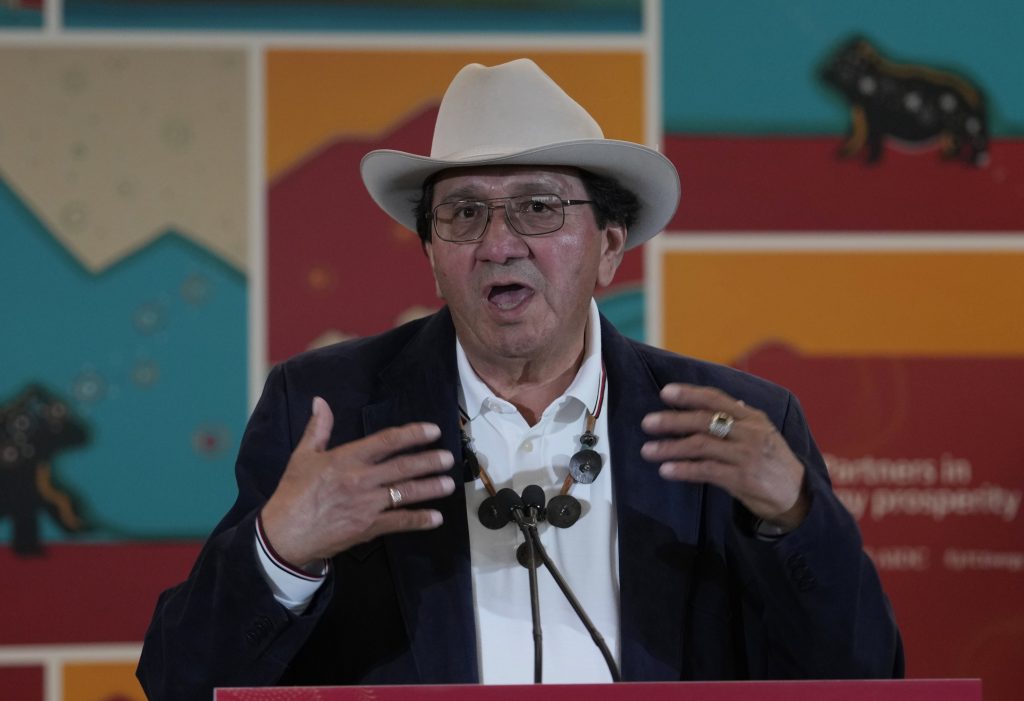 Blood Tribe Chief & Council Roy Fox speaks at a news conference in Calgary, Alta., Tuesday, July 30, 2024. THE CANADIAN PRESS/Todd Korol