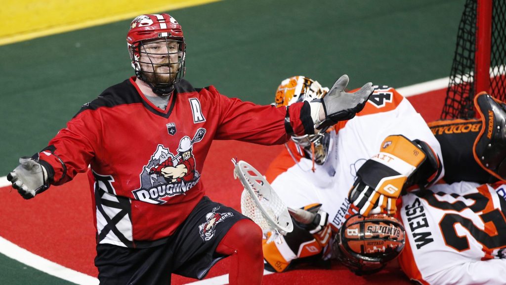 NLL (National Lacross League) profile photo on Calgary Roughnecks player Dane Dobbie celebrating a goal during lacrosse action against the Buffalo Bandits in Calgary, Alta., on Sat., May 25, 2019. Dobbie resigned with the Riggers in Oct. 2024. THE CANADIAN PRESS IMAGES/Larry MacDougal