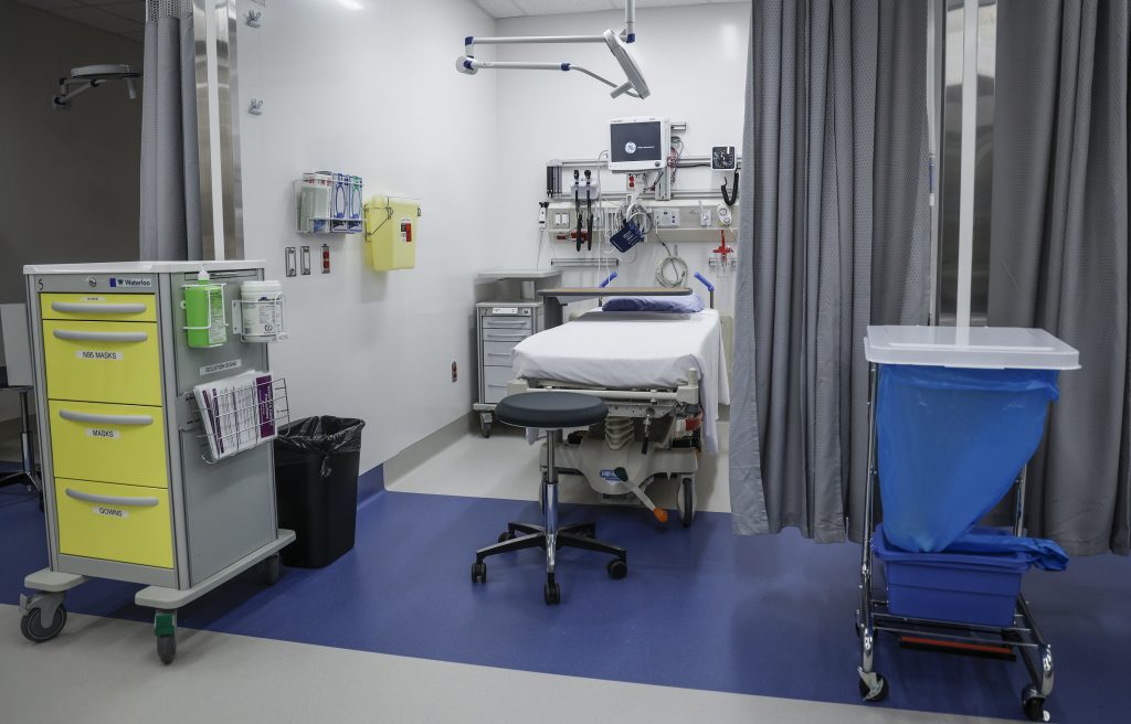 A treatment room in the emergency department at Peter Lougheed hospital is pictured in, Calgary, Alta., Tuesday, Aug. 22, 2023. Nurses in Alberta are set to vote later this month on a mediator's recommended settlement with their employers. THE CANADIAN PRESS/Jeff McIntosh