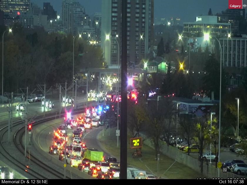 Westbound Memorial Drive is backed up Wednesday morning due to an incident involving a CTrain. (City of Calgary)