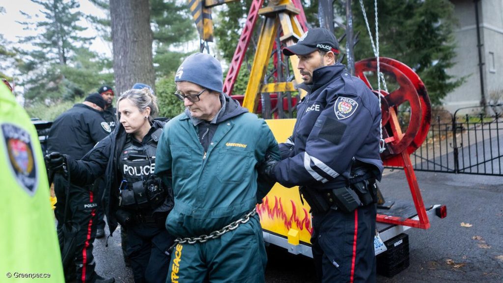 Climate protestors arrested after blocking official opposition residence with oil pumpjack