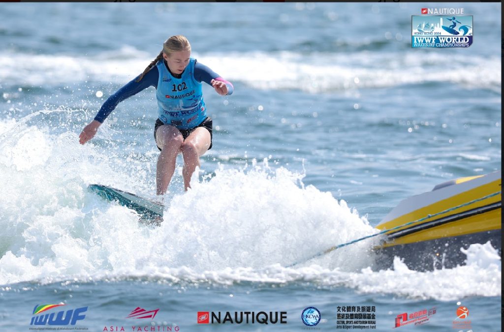 Calgary's Amy Gillespie at the first-ever International Waterski & Wakeboard Federation (IWWF) World Wakesurf Championships in Hong Kong