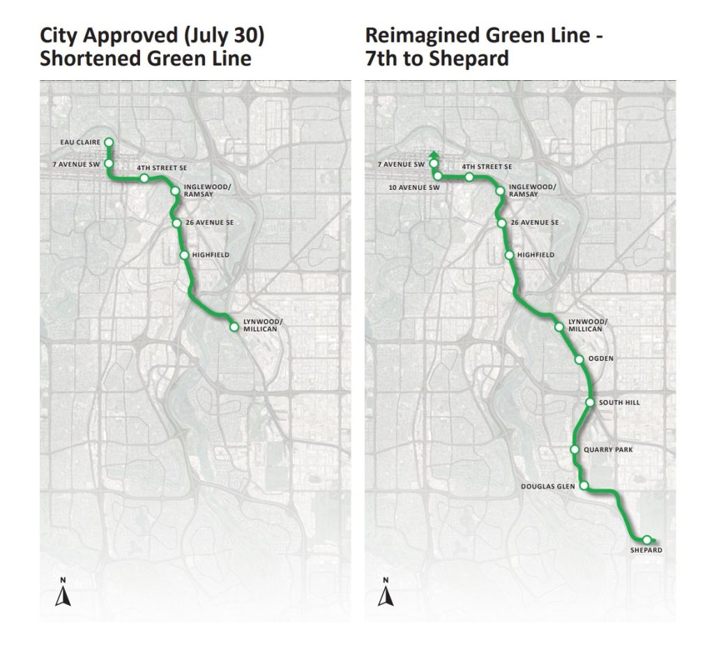 A map comparing the Green Line route approved by Calgary city council on July 30, 2024, and a new route proposed by the province on Dec. 13, 2024. (Province of Alberta)