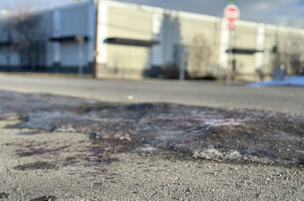 The site where police found blood on the 2000 block of 44 Street SE in Calgary on Friday