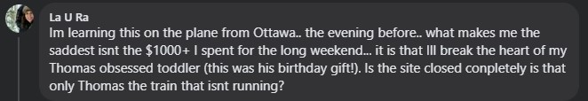 Facebook comment on Heritage Parks post about postponing the Day Out With Thomas event posted Friday, May 2, 2025