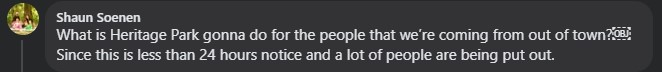 Facebook comment on Heritage Parks post about postponing the Day Out With Thomas event posted Friday, May 2, 2025