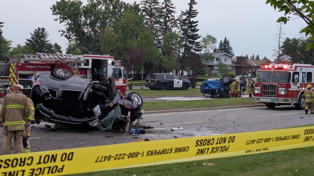 Crews on scene of a fatal multi-vehicle incident on 52 Street and 32 Avenue NE on Monday, July 21, 2025. (Logan Stein, CityNews image)