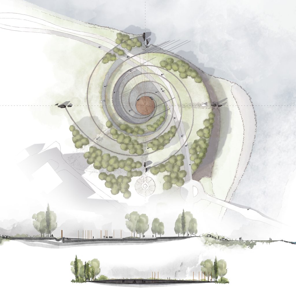 Overhead design concepts for The Wandering Spirit, a new design for Calgary's future Indian Residential School Memorial, which is set to be built at The Confluence Historic Site & Parkland near the southeast end of the city's downtown
