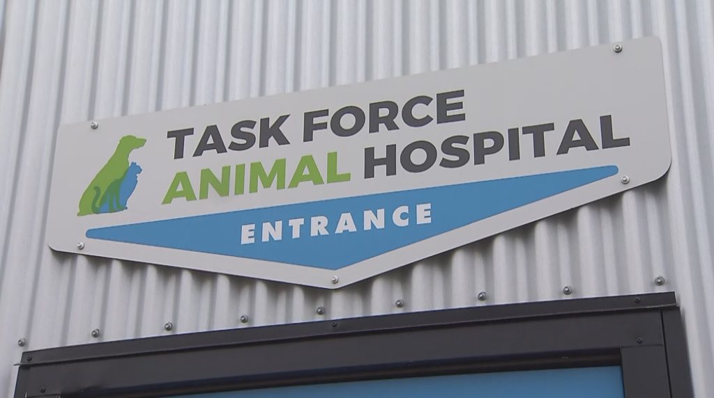 A sign for the Task Force Animal Hospital in Calgary on Saturday, Aug. 16, 2025
