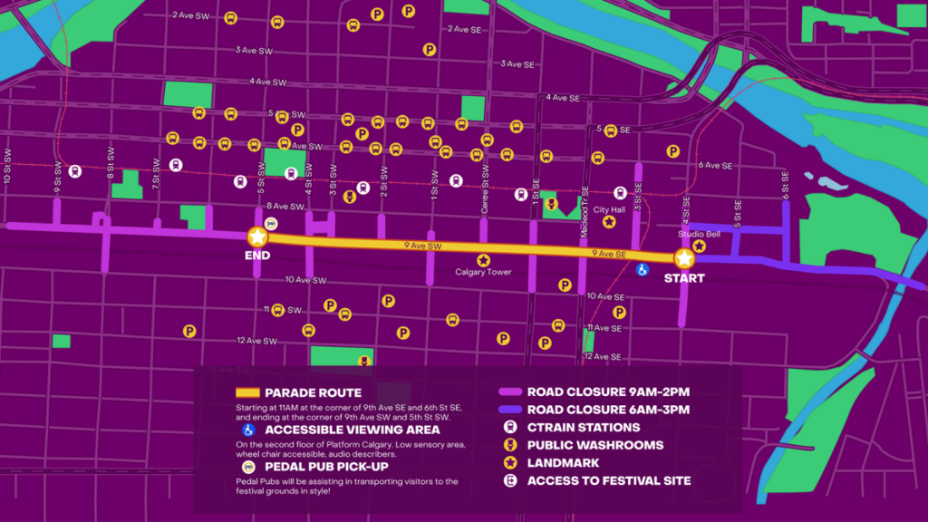 The parade route for the 35th annual Calgary Pride Parade on Sunday, Aug. 31, 2025