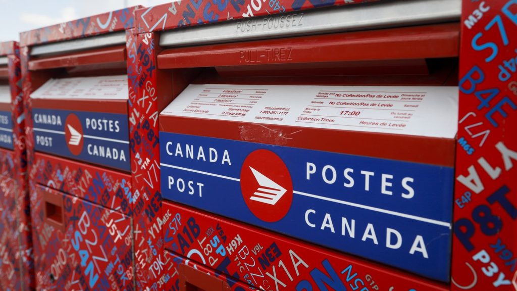 Mail boxes are seen at Canada Post's main plant in Calgary, Alta., Saturday, May 9, 2020. THE CANADIAN PRESS/Jeff McIntosh 