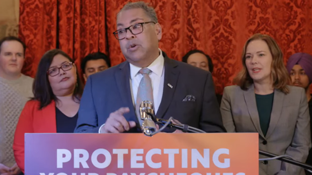 Alberta NDP Leader Naheed Nenshi alongside fellow MLAs in Calgary on Nov. 14, 2025 to advocate for the passing of Bill 201. (Naheed Nenshi/Youtube)