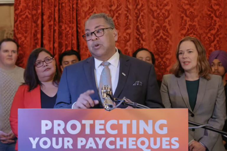 Alberta NDP Leader Naheed Nenshi alongside fellow MLAs in Calgary on Nov. 14, 2025 to advocate for the passing of Bill 201. (Naheed Nenshi/Youtube)