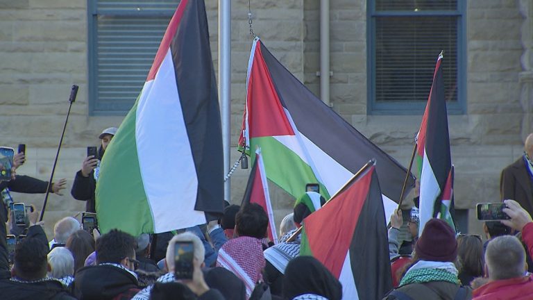 The Palestinian flag about to be raised at Calgary's Municipal Plaza in the city's downtown on Saturday, Nov. 15, 2025. (Amar Shah, CityNews image)