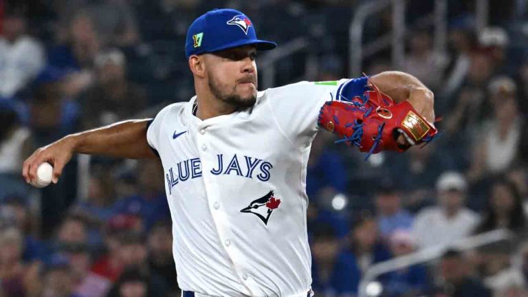 Toronto Blue Jays starting pitcher Jose Berrios (17) throws to a Texas Rangers batter in first inning MLB baseball action in Toronto on Sunday, Aug. 17, 2025. (Jon Blacker/CP)