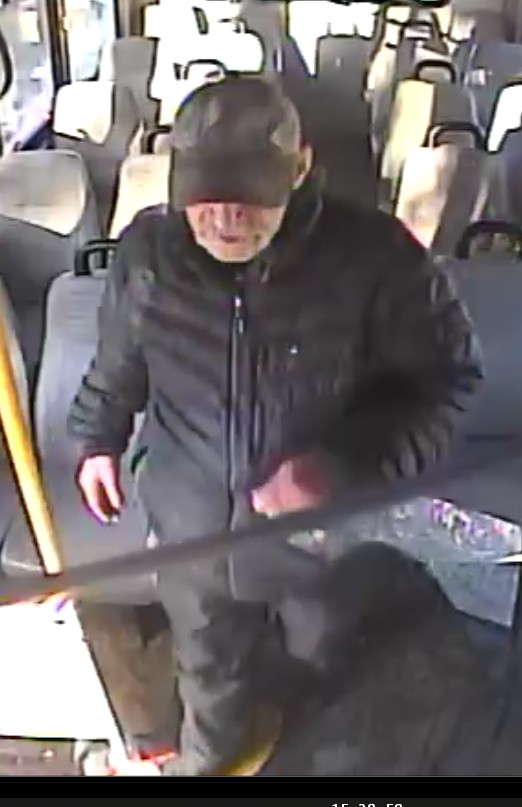 A screenshot of CCTV footage of a man wanted by Calgary police for the alleged indecent exposure of himself to a family in a Transit bus on Thursday, Dec. 4, 2025