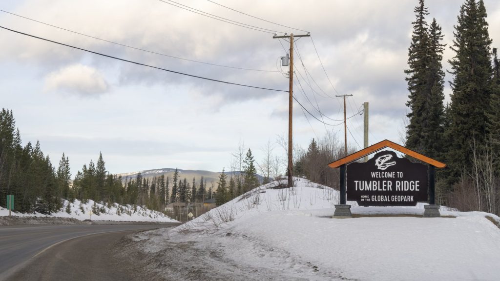 A welcome sign is seen entering the town of Tumbler Ridge, B.C., on Thursday, Feb. 12, 2026. THE CANADIAN PRESS/Christinne Muschi