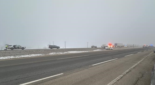 A crash on Highway 1 east of Calgary by Conrich Road on Wednesday, March 4, 2026