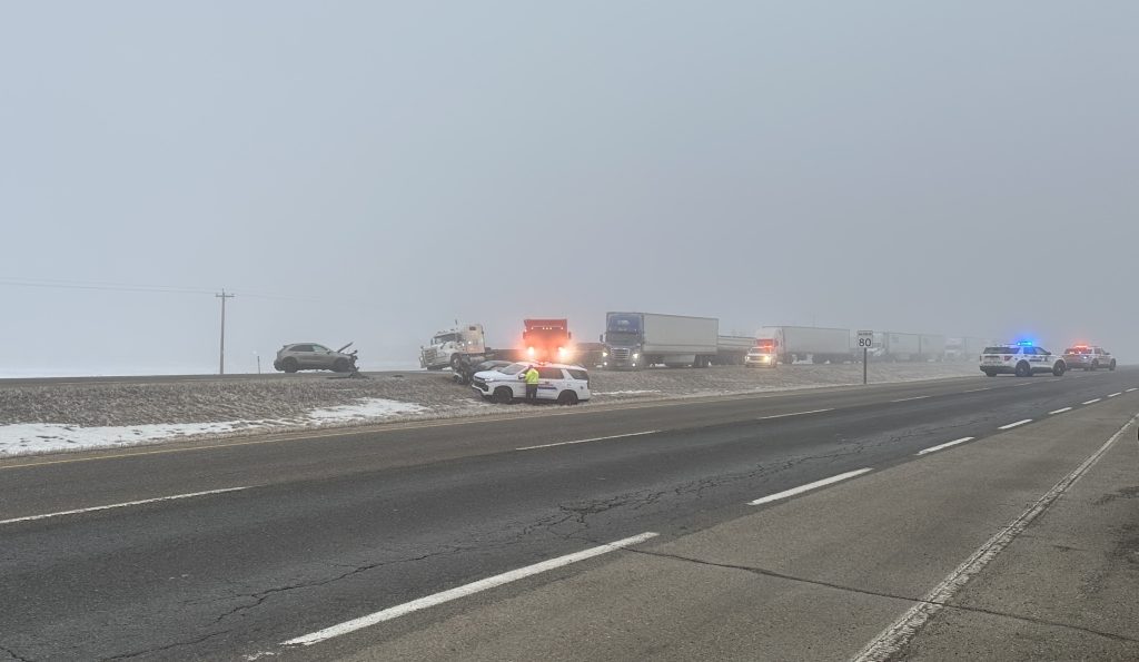 A crash on Highway 1 east of Calgary by Conrich Road on Wednesday, March 4, 2026