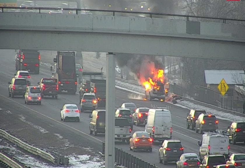 Crews on scene of a vehicle fire on Deerfoot Trail and Memorial. (City of Calgary(