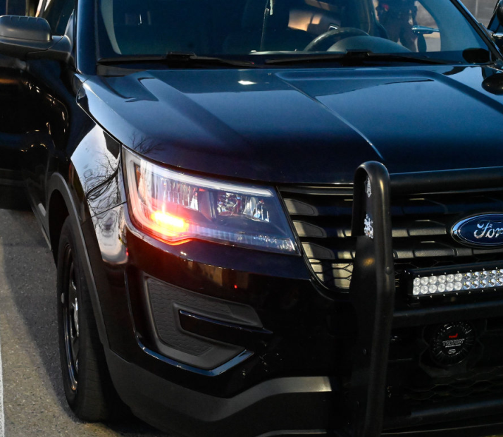 The front bumper of a black Ford Explorer that contains police equipment in Lethbridge. The driver was arrested for impersonating a police officer