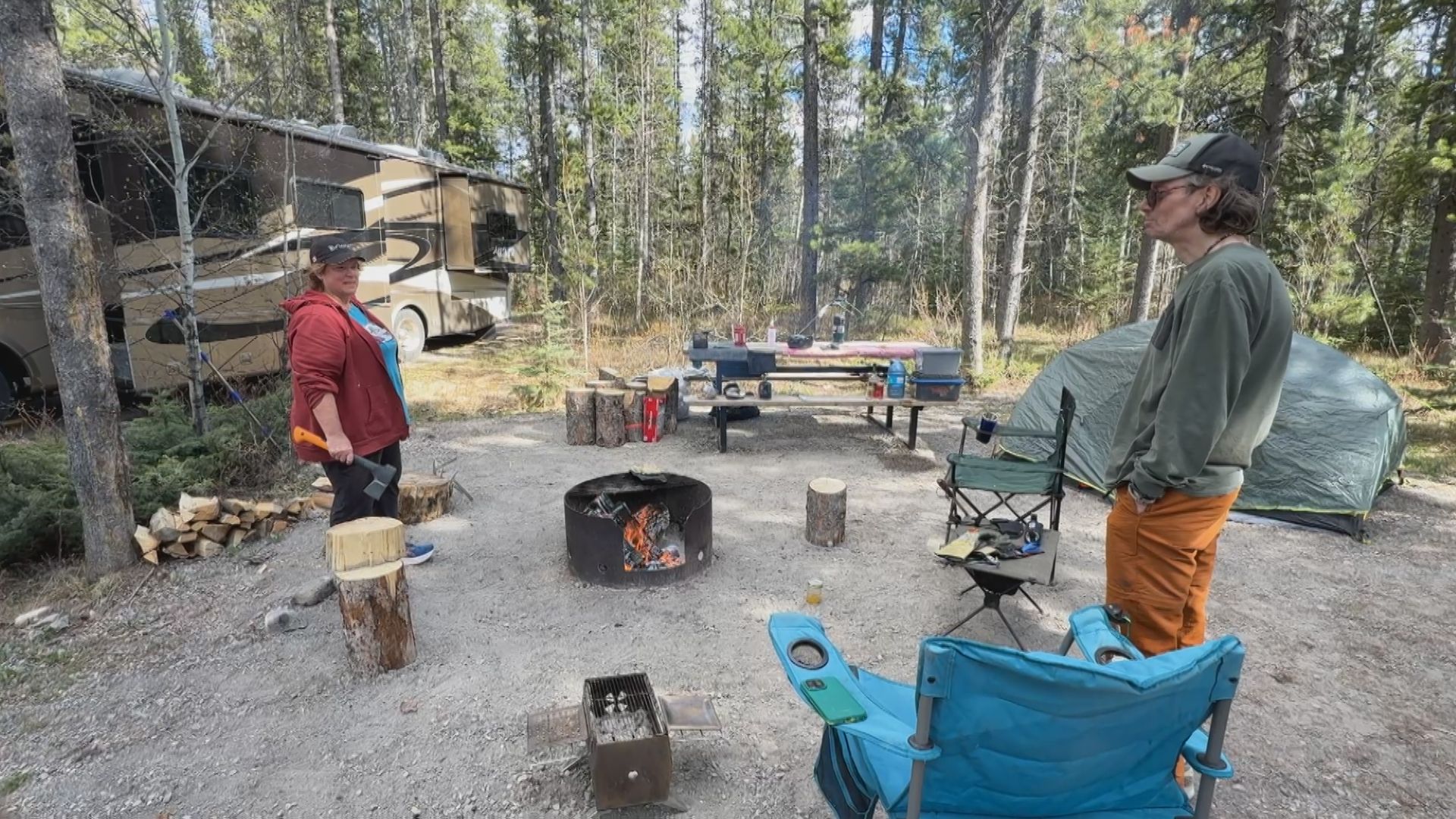 Albertans Kelly Weldon, right, and his sister are at their campsite for the long weekend on Friday, May 15, 2026