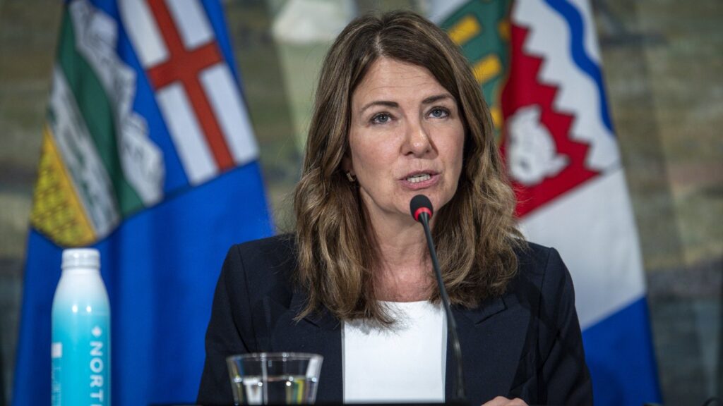 Alberta Premier Danielle Smith speaks at a closing news conference of a meeting of western premiers in Kananaskis, Alta., Tuesday, May 26, 2026. THE CANADIAN PRESS/Jeff McIntosh