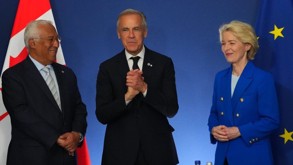 Canadian Prime Minister Mark Carney meets with European Commission President Ursula von der Leyen and European Council President Antonio Costa at the G7 summit in Evian-les-Bains, France, Monday, June 15, 2026. (AP Photo/Vadim Ghirda)