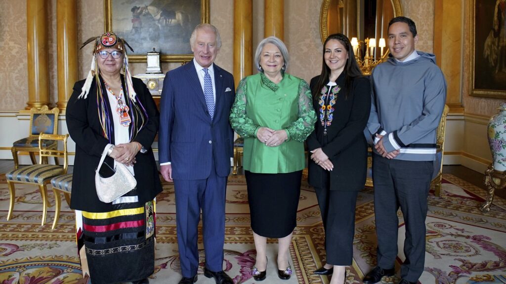 Britain's King Charles III receives (left to right) Roseanne Archibald, national chief of the Assembly of First Nations; H.E. The Rt Hon, Mary Simon, Governor General of Canada; Cassidy Caron, president of the National Métis Council; and Natan Obed, president of Inuit Tapiriit Kanatami, during an audience at Buckingham Palace, London, on Thursday May 4, 2023. (Gareth Fuller/Pool Photo via AP)