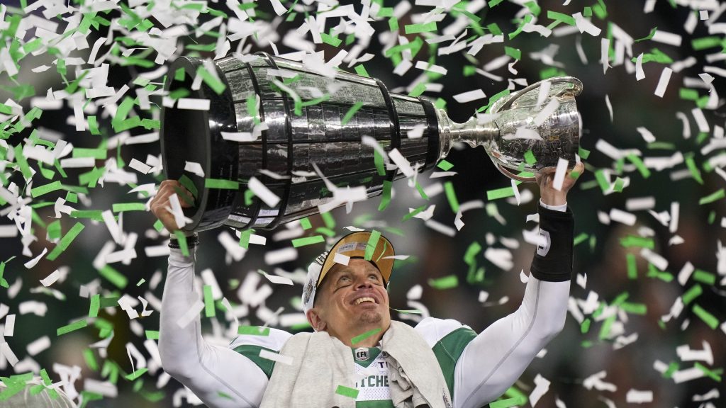Saskatchewan Roughriders quarterback Trevor Harris (7) celebrates his win over the Montreal Alouettes in the 112th CFL Grey Cup, in Winnipeg on Sunday, Nov. 16, 2025. THE CANADIAN PRESS/Darryl Dyck