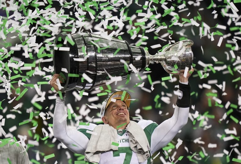 Saskatchewan Roughriders quarterback Trevor Harris (7) celebrates his win over the Montreal Alouettes in the 112th CFL Grey Cup, in Winnipeg on Sunday, Nov. 16, 2025. THE CANADIAN PRESS/Darryl Dyck