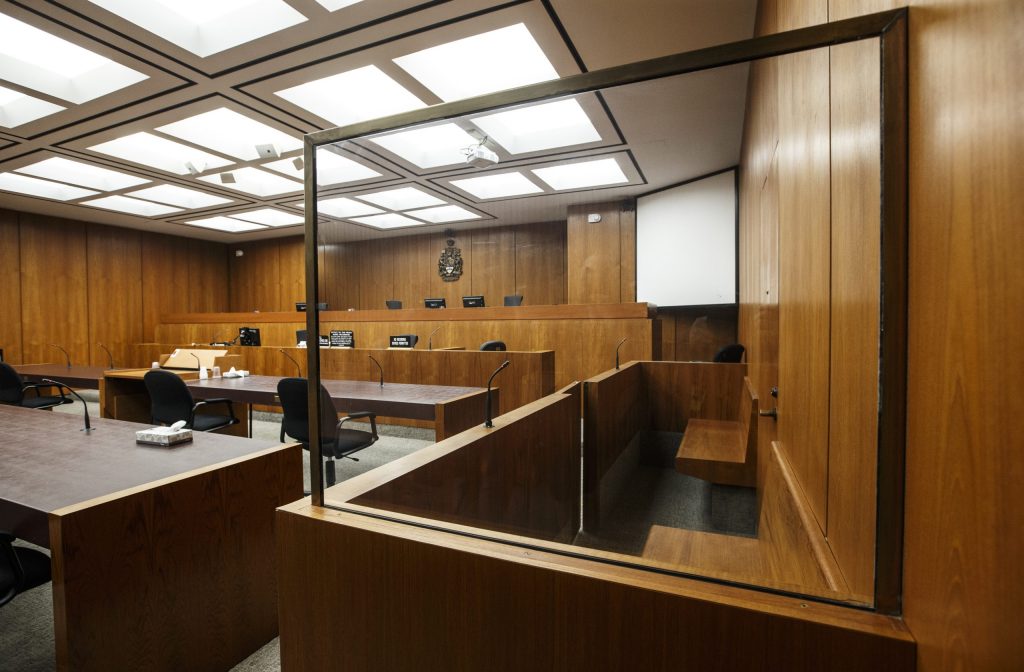 Defendant box in a courtroom at the Edmonton Law Courts building, in Edmonton