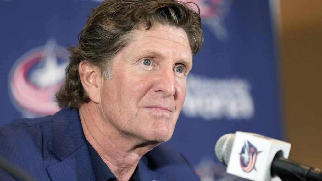 Mike Babcock addresses the media as the Columbus Blue Jackets introduce Babcock as their new head coach during a news conference on Saturday, July 1, 2023 in Columbus, Ohio. THE CANADIAN PRESS/AP-Kyle Robertson/The Columbus Dispatch via AP