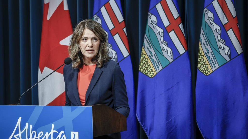 Alberta Premier Danielle Smith provides an update on teacher bargaining in Calgary, on Friday, Oct. 17, 2025. THE CANADIAN PRESS/Jeff McIntosh
