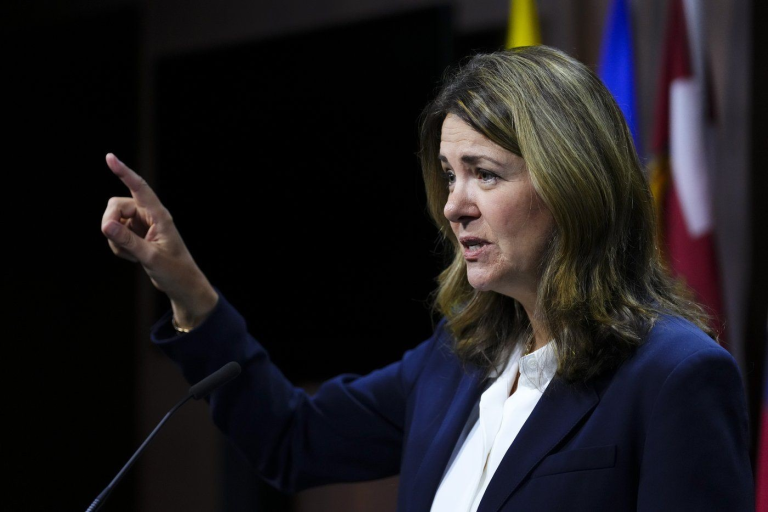 Alberta Premier Danielle Smith holds a press conference on Parliament Hill in Ottawa on Tuesday, Oct. 7, 2025. THE CANADIAN PRESS/Sean Kilpatrick