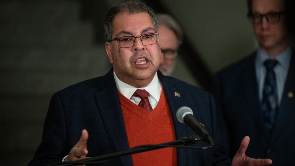 Leader of the Alberta NDP Naheed Nenshi speaks to media about the Alberta 2025 budget in Edmonton, on Thursday, Feb. 27, 2025. THE CANADIAN PRESS/Jason Franson