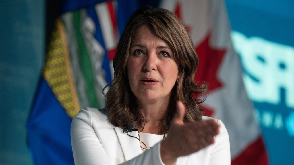 Alberta Premier Danielle Smith responds to a question following a speech at the Canada Strong and Free Network national conference on Thursday, April 10, 2025 in Ottawa. THE CANADIAN PRESS/Adrian Wyld