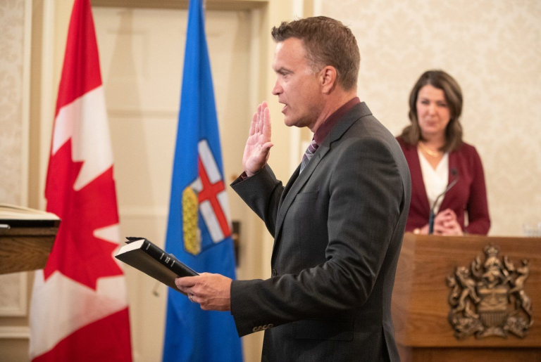 Minister of Infrastructure Peter Guthrie is sworn into cabinet, in Edmonton, Friday, June 9, 2023. THE CANADIAN PRESS/Jason Franson.